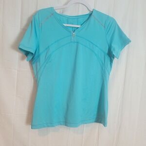 Brooks Womens Equilibrium Turquoise Blue Zip V Neck Running Shirt Size Large